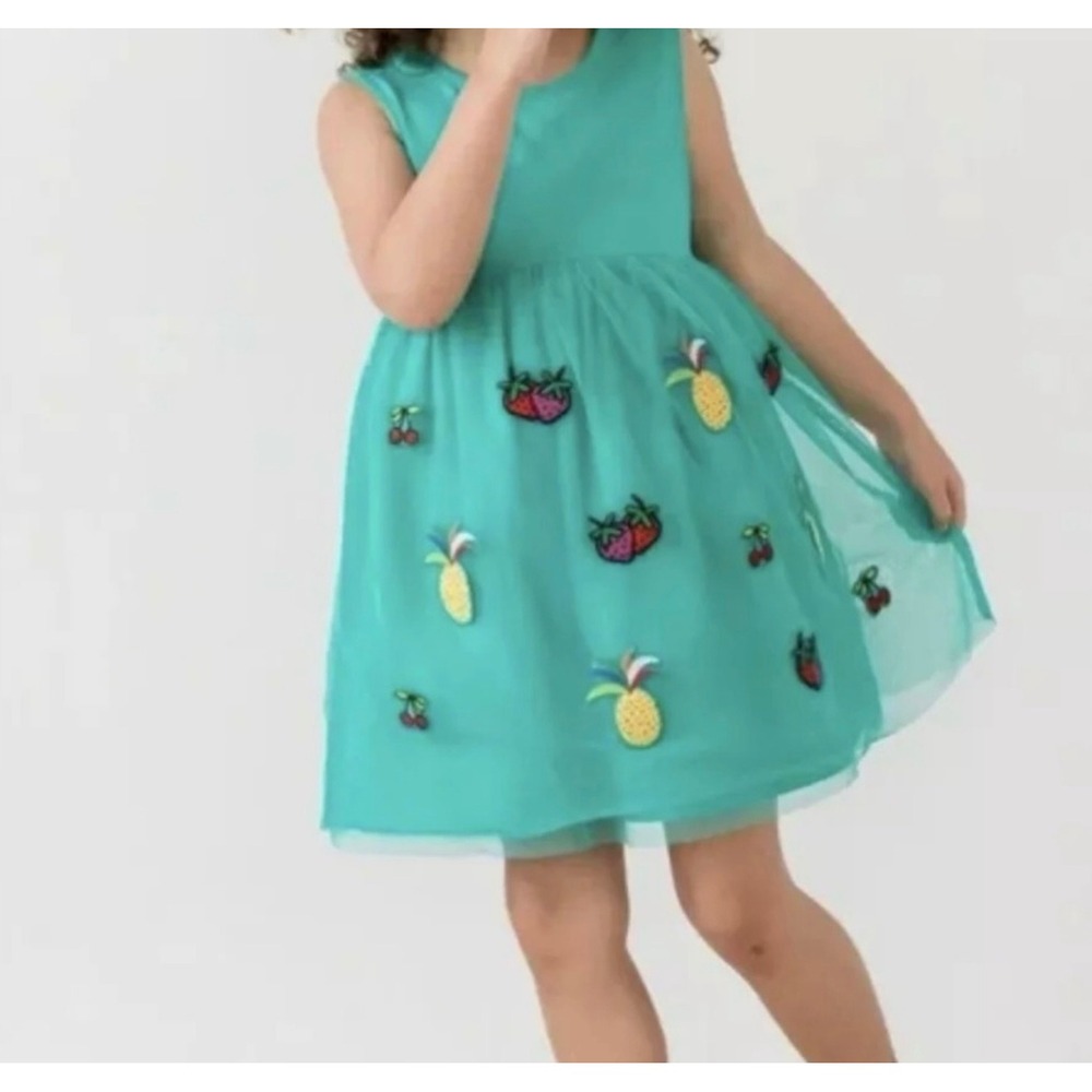 Hanna Andersson Girls Turquoise Fruit patches Tulle Dress‎ Size 6-7 (120)